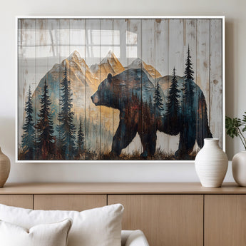 90077-MGV-FP-60X30-3P_White-Wood Grizzly Bear Wall Art Canvas Print, Framed Abstract Bear Art Picture Print, Bear in Forest Perfect Rustic Lodge Decor Artwork
