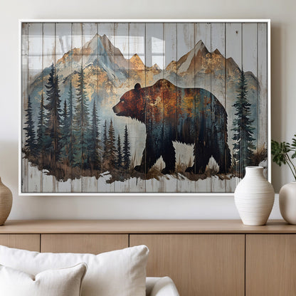 55777-MGV-FP-60X30-3P_White-Rustic Bear Wall Art Canvas Print, Framed Mountain and Forest Art Picture Print, Wooden Bear Perfect Rustic Lodge Decor Artwork