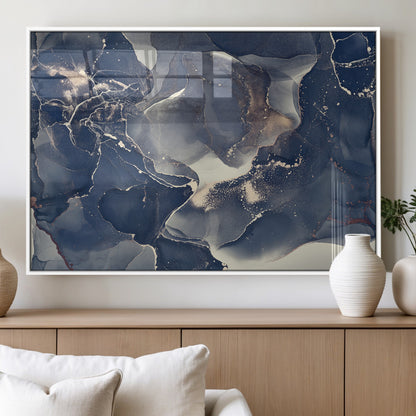 28282-MGV-FP-36X24-3P_White-Blue Abstract Wall Art – Modern Ink Swirl Canvas Print, Contemporary Navy and Gold Painting for Living Room, Bedroom, Office or