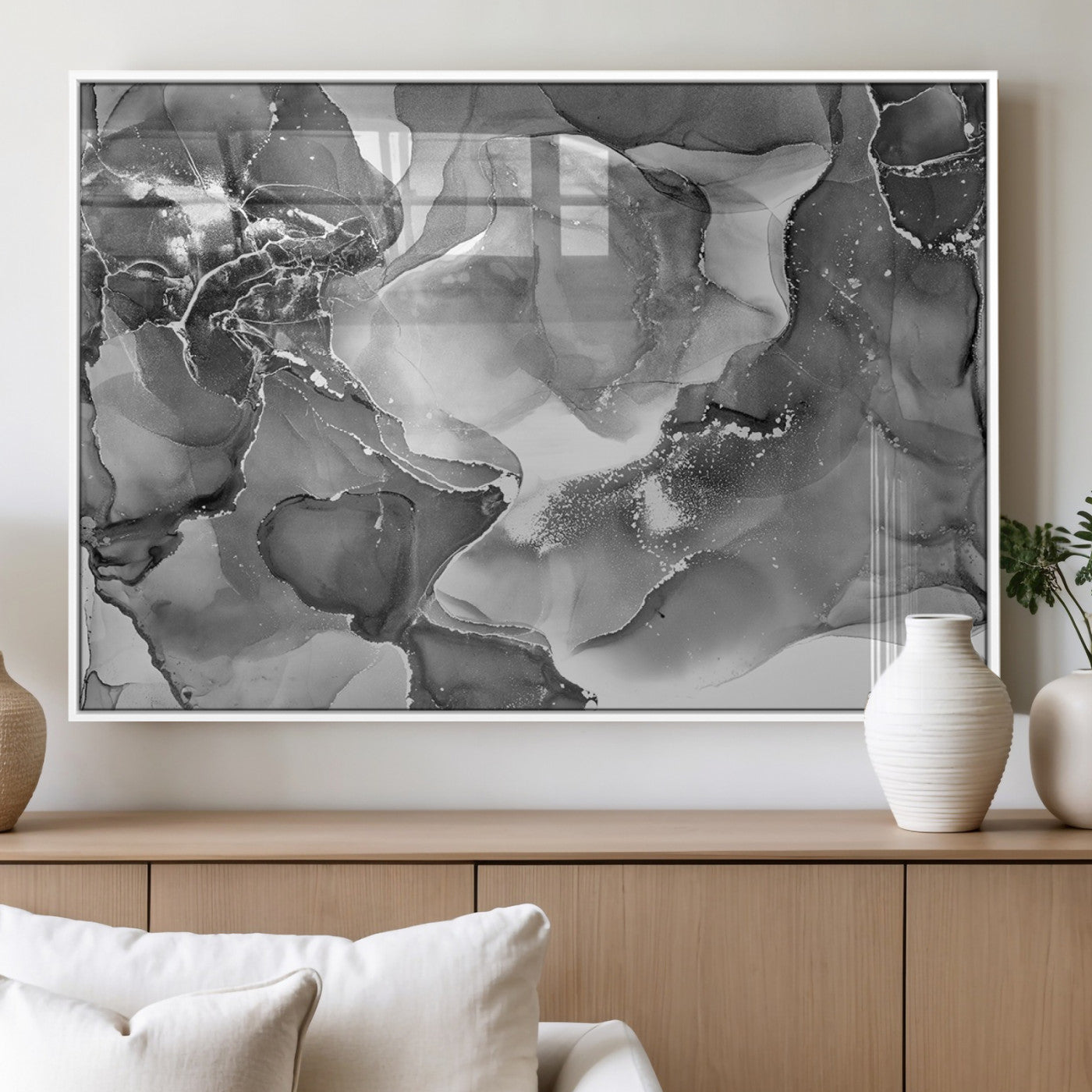 15911-MGV-FP-36X24-3P_White-Black and White Abstract Wall Art – Modern Ink Swirl Canvas Print, Minimalist Contemporary Painting for Living Room, Bedroom,