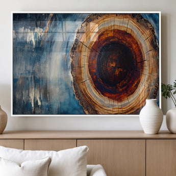 48045-MGV-FP-36X24-3P_White-Tree Ring Abstract Wall Art – Rustic Wood Grain Canvas Print with Brown Center and Blue Brush Strokes, Nature Inspired Artwork for