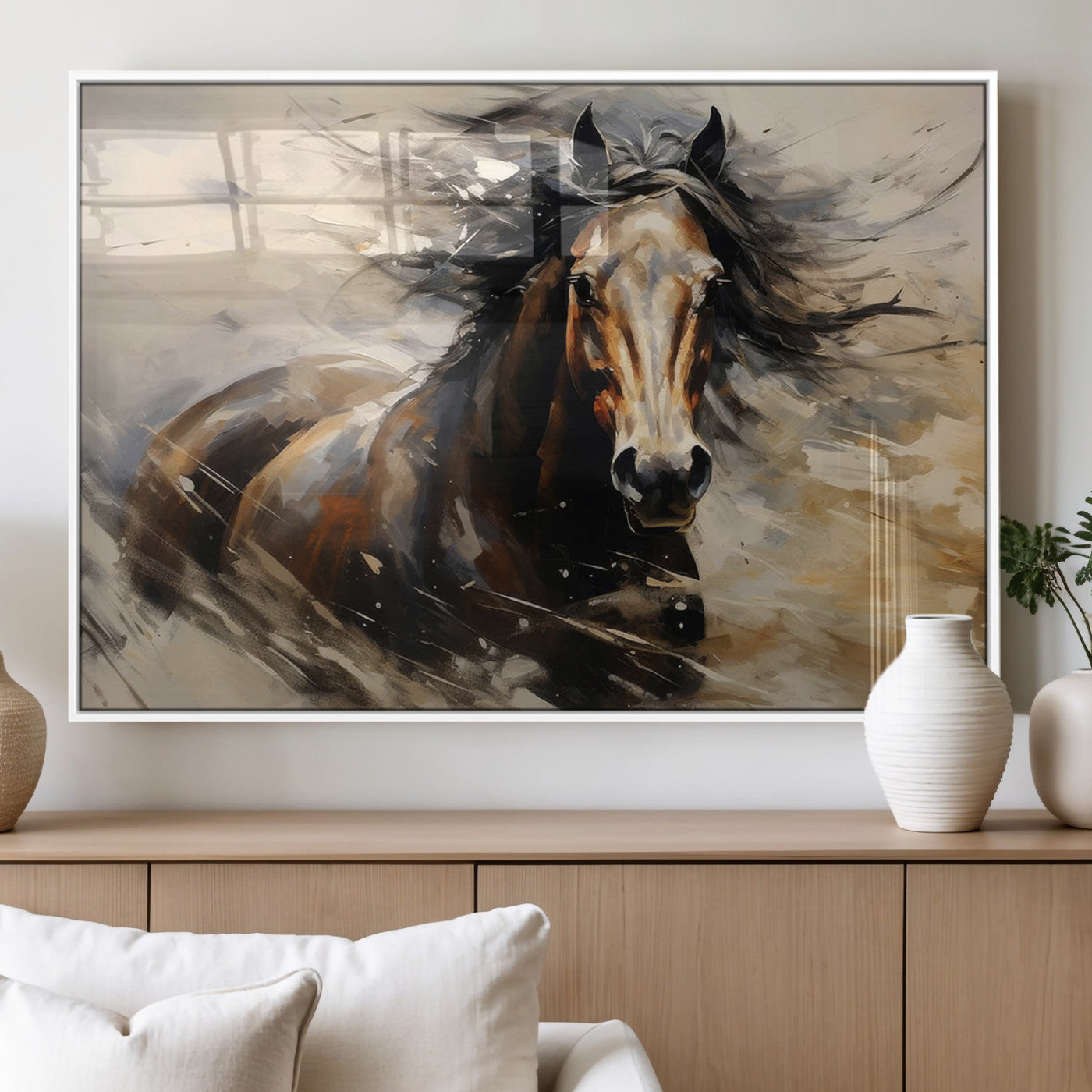 53001-MGV-FP-36X24-3P_White-Wild Horse Wall Art – Majestic Stallion Canvas Print with Flowing Mane, Rustic Western Style Painting for Living Room, Office or