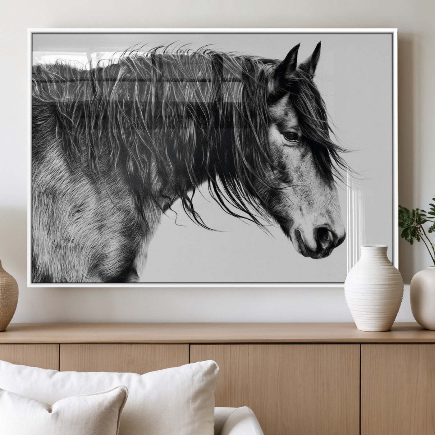 57694-MGV-FP-36X24-3P_White-Horse Portrait Wall Art – Black and White Canvas Print with Detailed Stallion Profile, Rustic Farmhouse Equestrian Artwork for
