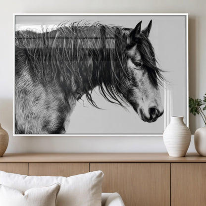 57694-MGV-FP-36X24-3P_White-Horse Portrait Wall Art – Black and White Canvas Print with Detailed Stallion Profile, Rustic Farmhouse Equestrian Artwork for
