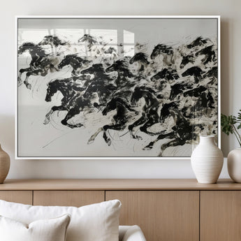 23069-MGV-FP-36X24-3P_White-Galloping Horses Wall Art – Black Ink Painting on Canvas, Dynamic Equestrian Artwork with Running Stallions, Expressive Modern