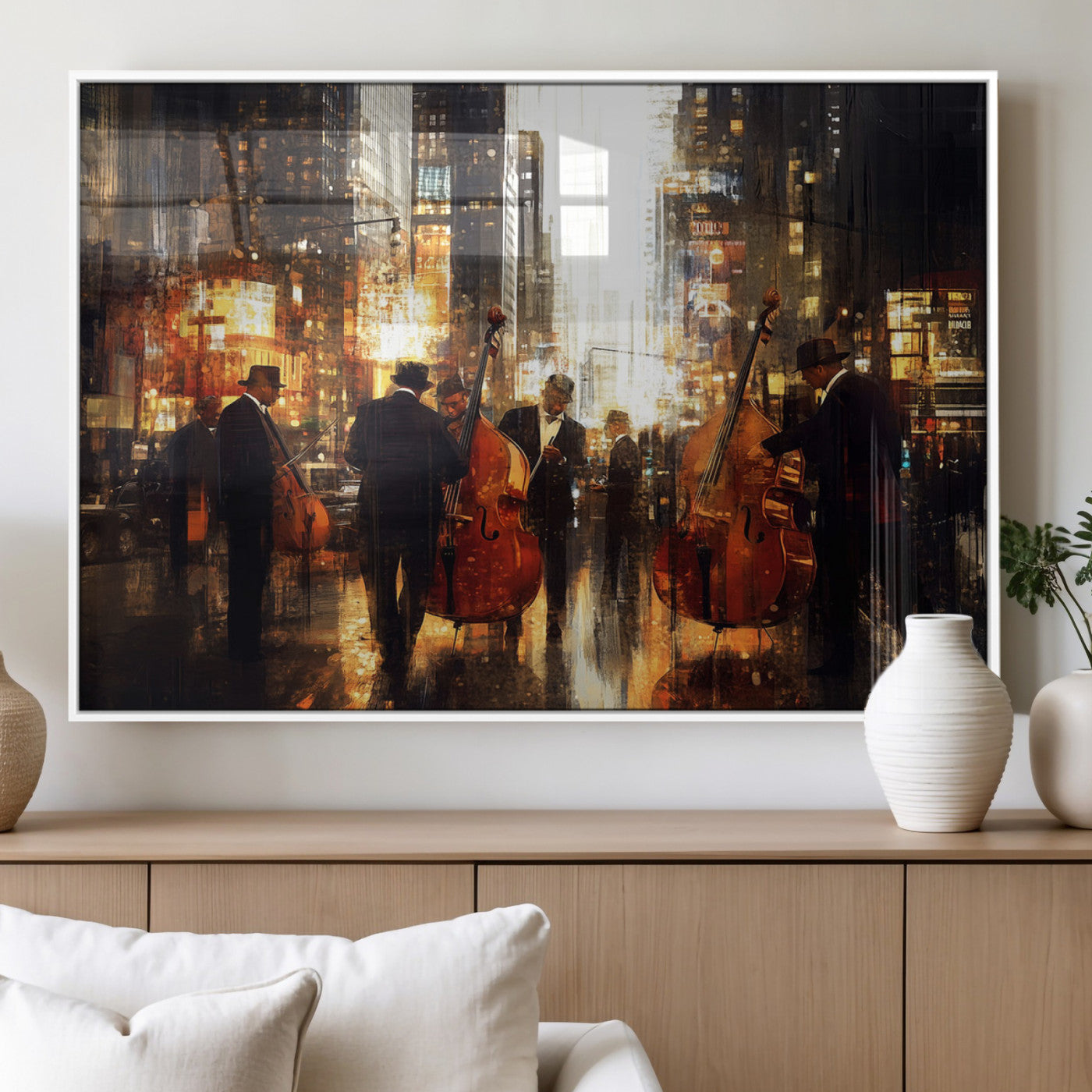 58782-MGV-FP-36X24-3P_White-Jazz Musicians Cityscape Wall Art – Vibrant Urban Night Canvas Print, Elegant Music Themed Decor for Living Room, Office, or Music