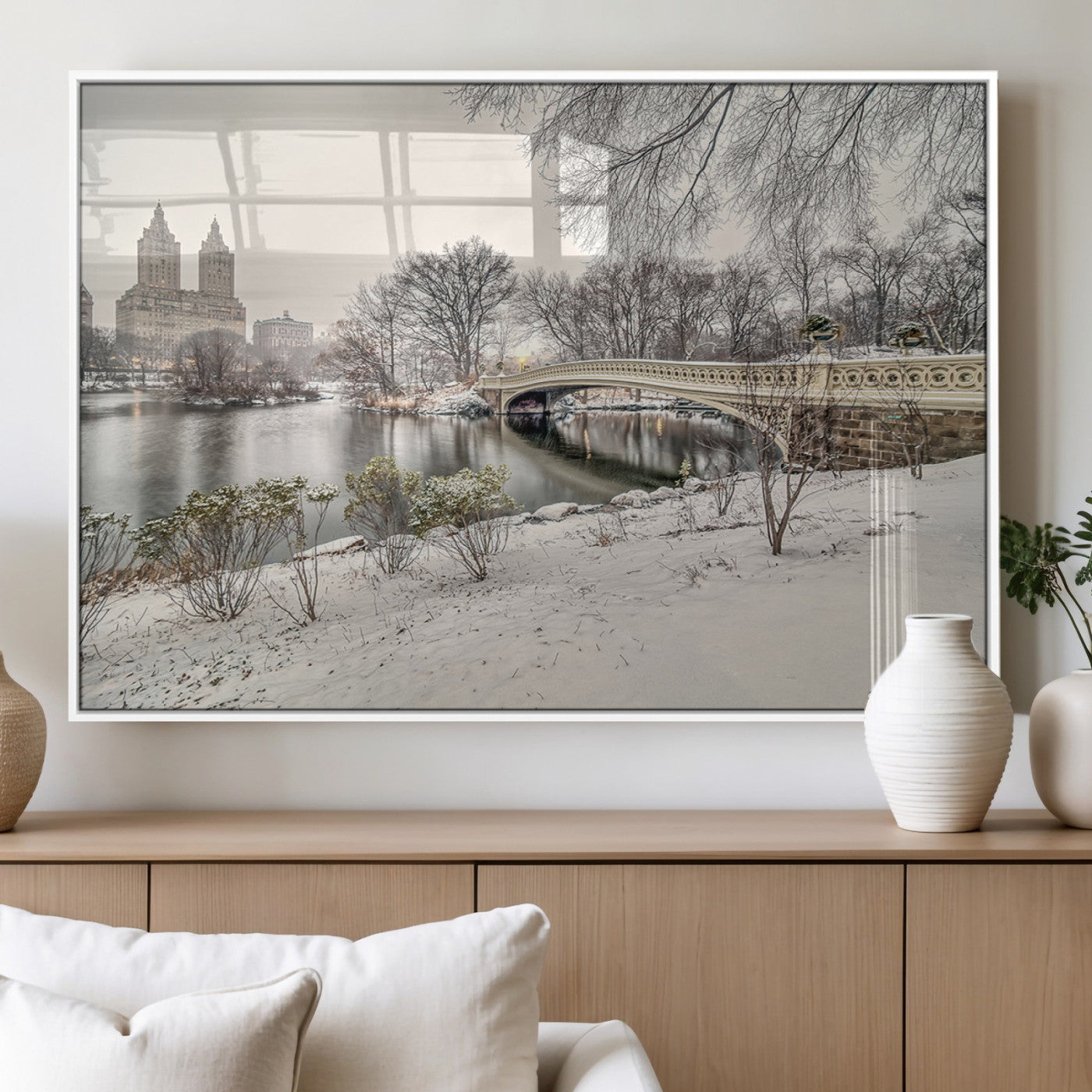 60292-MGV-FP-36X24-3P_White-Central Park Winter Wall Art – Snowy Bow Bridge Canvas Print, Scenic New York City Landscape Photography for Living Room, Bedroom