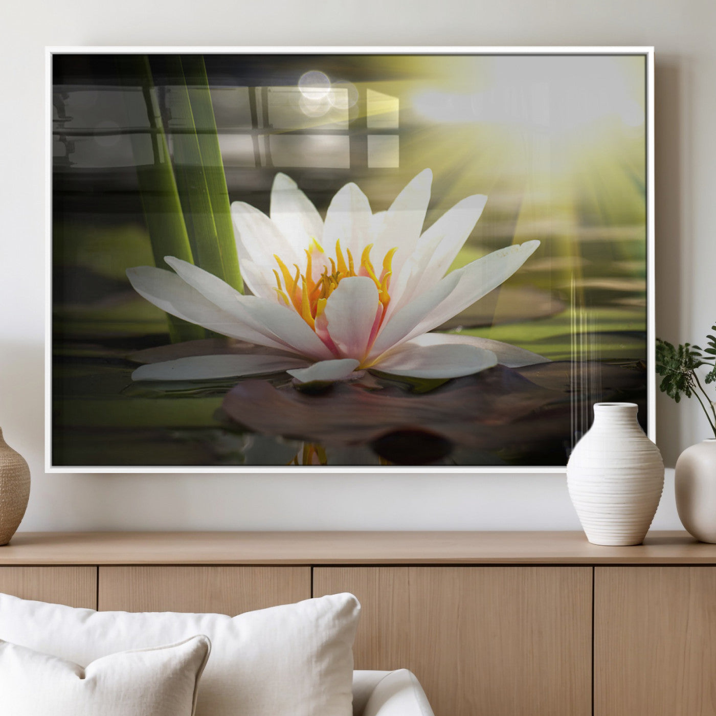 40478-MGV-FP-36X24-3P_White-Water Lily Wall Art – White Lotus Flower Canvas Print with Sunlight Reflection, Serene Botanical Artwork for Living Room, Bedroom,