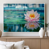 65933-MGV-FP-36X24-3P_White-Pink Water Lily Wall Art – Lotus Flower Canvas Print with Reflection on Calm Water, Peaceful Botanical Artwork for Living Room,