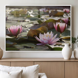 72218-MGV-FP-36X24-3P_White-Water Lily Pond Wall Art – Pink Lotus Flowers Canvas Print with Green Lily Pads, Peaceful Botanical Artwork for Living Room,