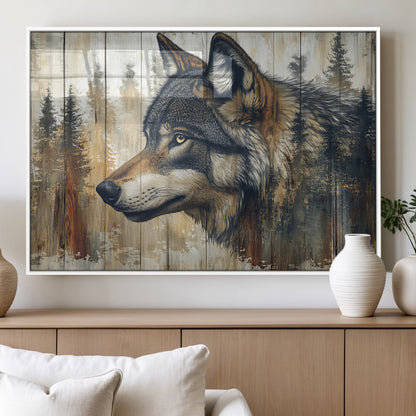 91882-MGV-FP-36X24-3P_White-Wolf Wall Art – Rustic Canvas Print of Forest Wolf on Wood Background, Wildlife Lodge Artwork for Living Room, Bedroom, Cabin, or
