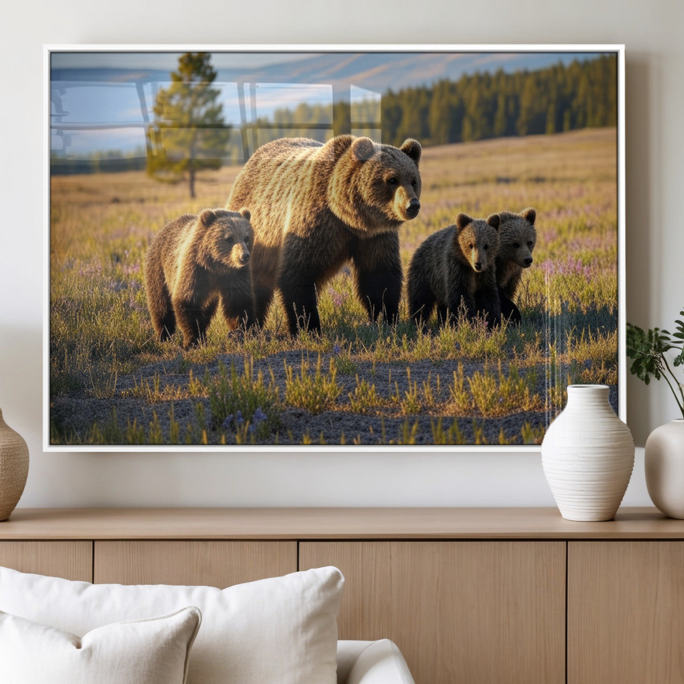 43400-MGV-FP-36X24-3P_White-Bear Family Wall Art – Wildlife Canvas Print of Mother Bear with Cubs in Sunlit Meadow, Rustic Animal Artwork for Living Room,