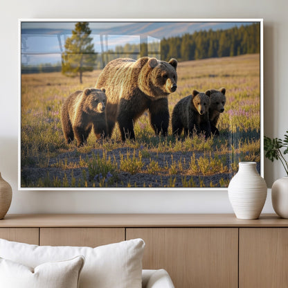 43400-MGV-FP-36X24-3P_White-Bear Family Wall Art – Wildlife Canvas Print of Mother Bear with Cubs in Sunlit Meadow, Rustic Animal Artwork for Living Room,