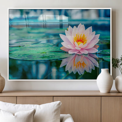 30320-MGV-FP-36X24-3P_White-Pink Water Lily Wall Art – Lotus Flower Canvas Print with Reflection Water, Peaceful Botanical Artwork for Living Room, Bedroom,