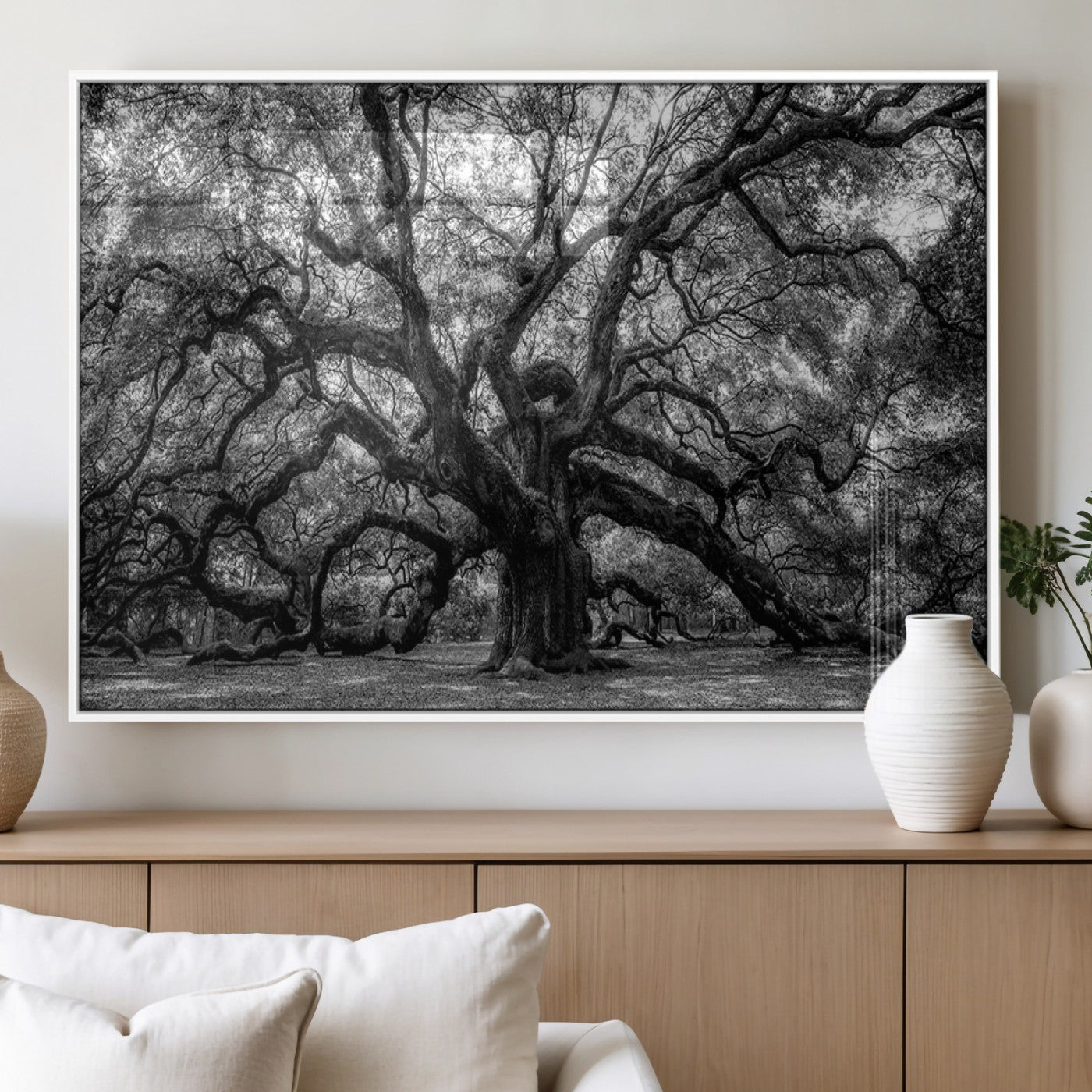 132944706-MGV-FP-36X24-3P_White-Ancient Tree Wall Art – Black and White Photography Canvas Print Featuring Majestic Twisting Branches, Rustic Nature Artwork for