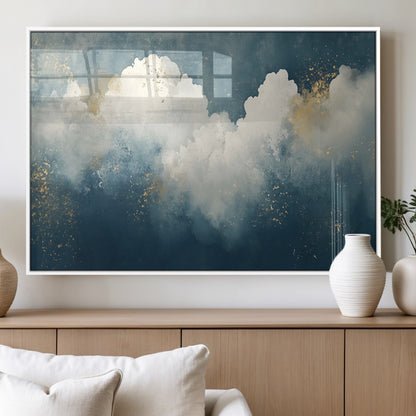 75131-MGV-FP-36X24-3P_White-Abstract Cloud Wall Art – Modern Canvas Print Featuring Blue and White Clouds with Golden Accents, Contemporary Artwork for Living