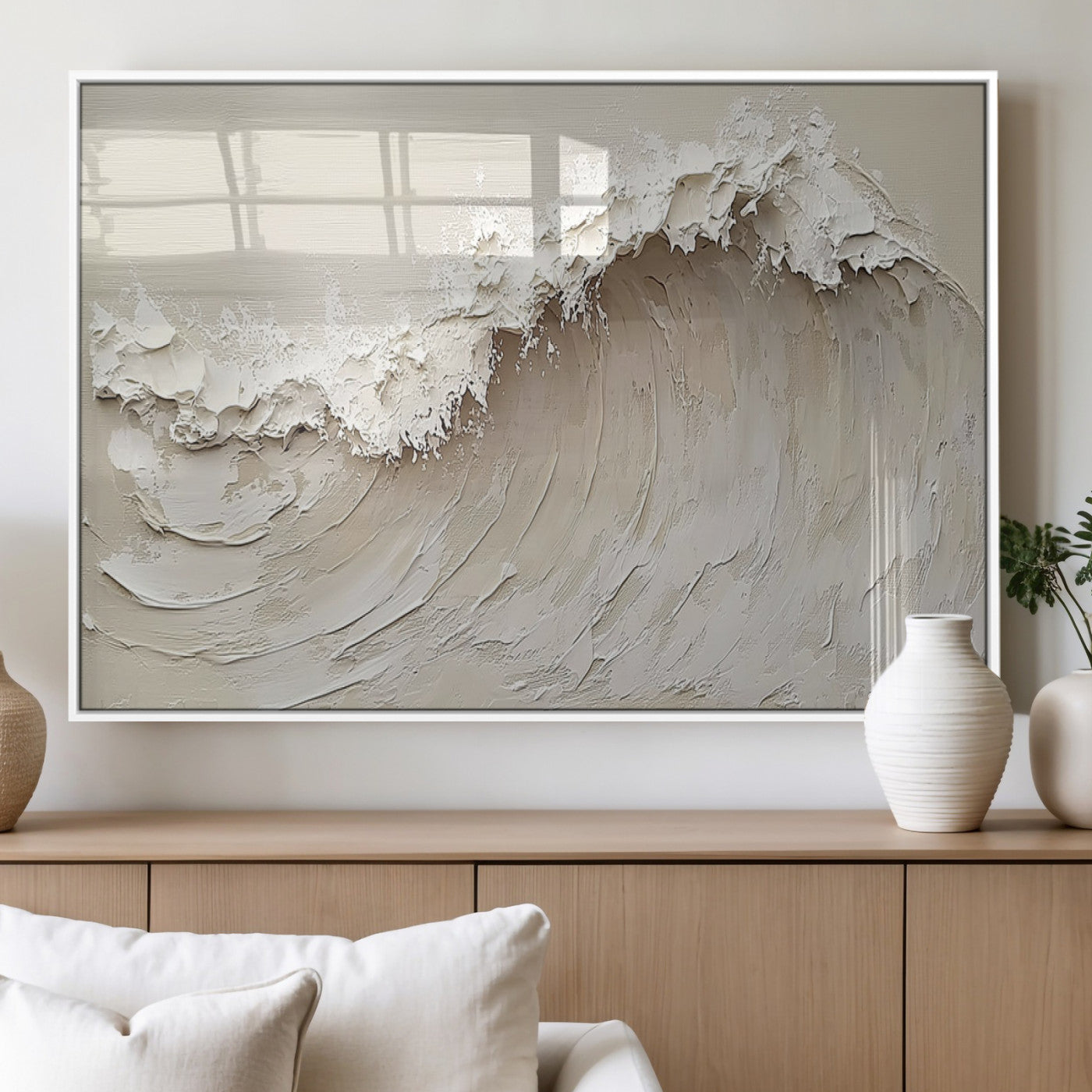 45175-MGV-FP-60X30-3P_White-Textured Wave Wall Art Canvas Print, Framed Minimal Seascape Art Picture Print, Elegant Wave Perfect Modern Coastal Decor Artwork