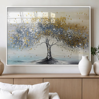 24771-MGV-FP-36X24-3P_White-Silver Tree Wall Art Canvas Print, Framed Golden Leaves Art Picture Print, Metallic Tree Perfect Minimalist Luxury Decor Artwork
