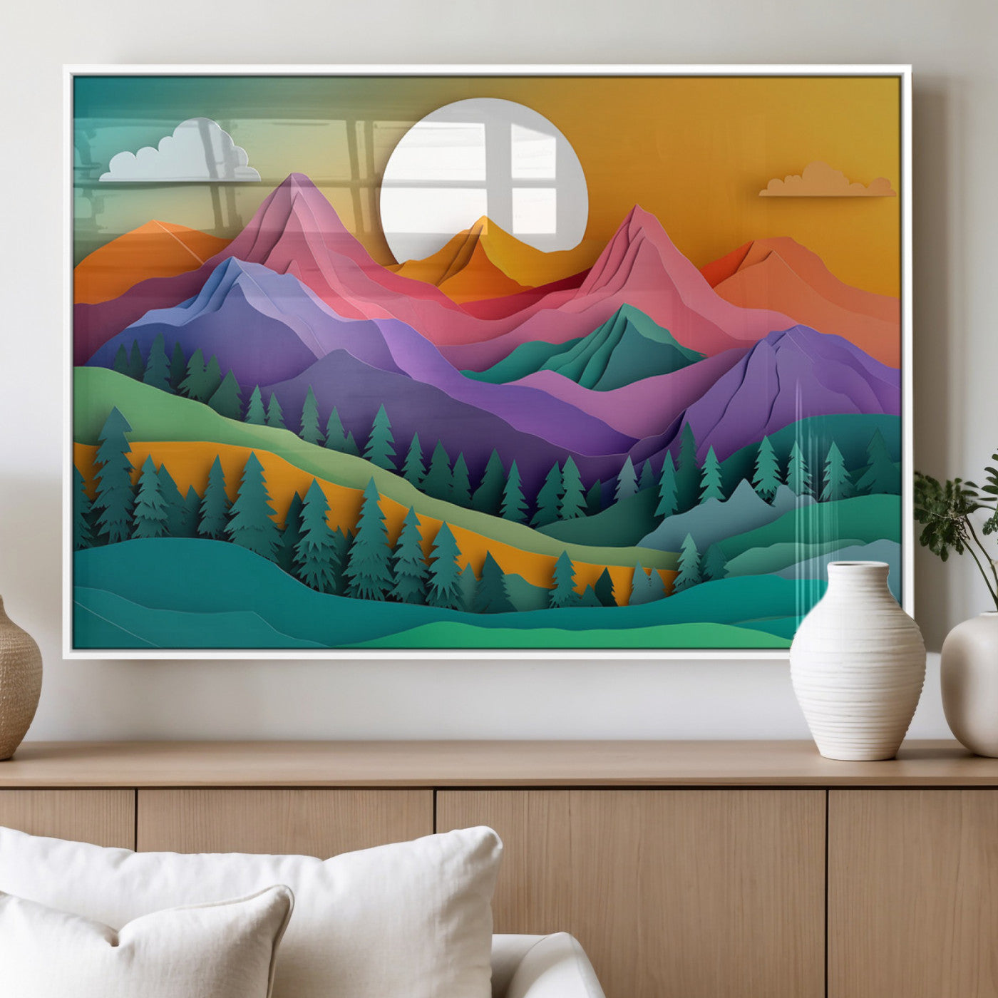 96175-MGV-FP-60X30-3P_White-Colorful Mountains Wall Art Canvas Print, Framed Layered Hills Art Picture Print, Sunset Mountain Perfect Vibrant Modern Decor