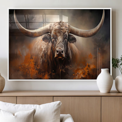 240479-MGV-FP-36X24-3P_White-Longhorn Bull Wall Art – Dramatic Western Canvas Print Featuring Horned Bull with Fiery Background, Rustic Farmhouse Artwork for