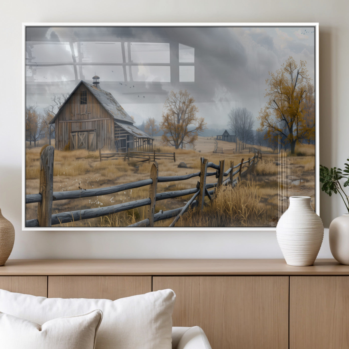 Farm1-MGV-FP-36X24-3P_White-Rustic Barn Wall Art – Country Farmhouse Landscape Canvas Print, Autumn Fields Artwork with Wooden Fence, Vintage Rural Decor for