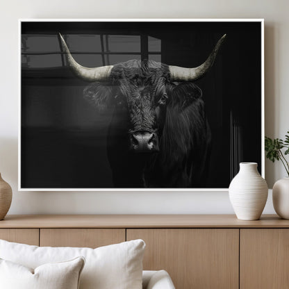 97914921-MGV-FP-36X24-3P_White-Black Bull Wall Art Canvas Print, Framed Longhorn Bull Art Picture Print, Western Bull Perfect Monochrome Western Decor Artwork