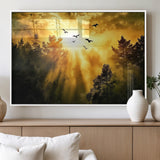 13776802-MGV-FP-36X24-3P_White-Golden Forest Wall Art Canvas Print, Framed Sunset Pines Art Picture Print, Flying Birds Perfect Nature Glow Decor Artwork
