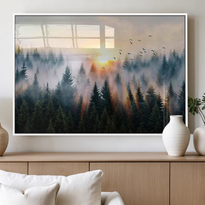 56391411-MGV-FP-36X24-3P_White-Misty Forest Wall Art Canvas Print, Framed Sunrise Pines Art Picture Print, Moody Pines Perfect Serene Woodland Decor Artwork
