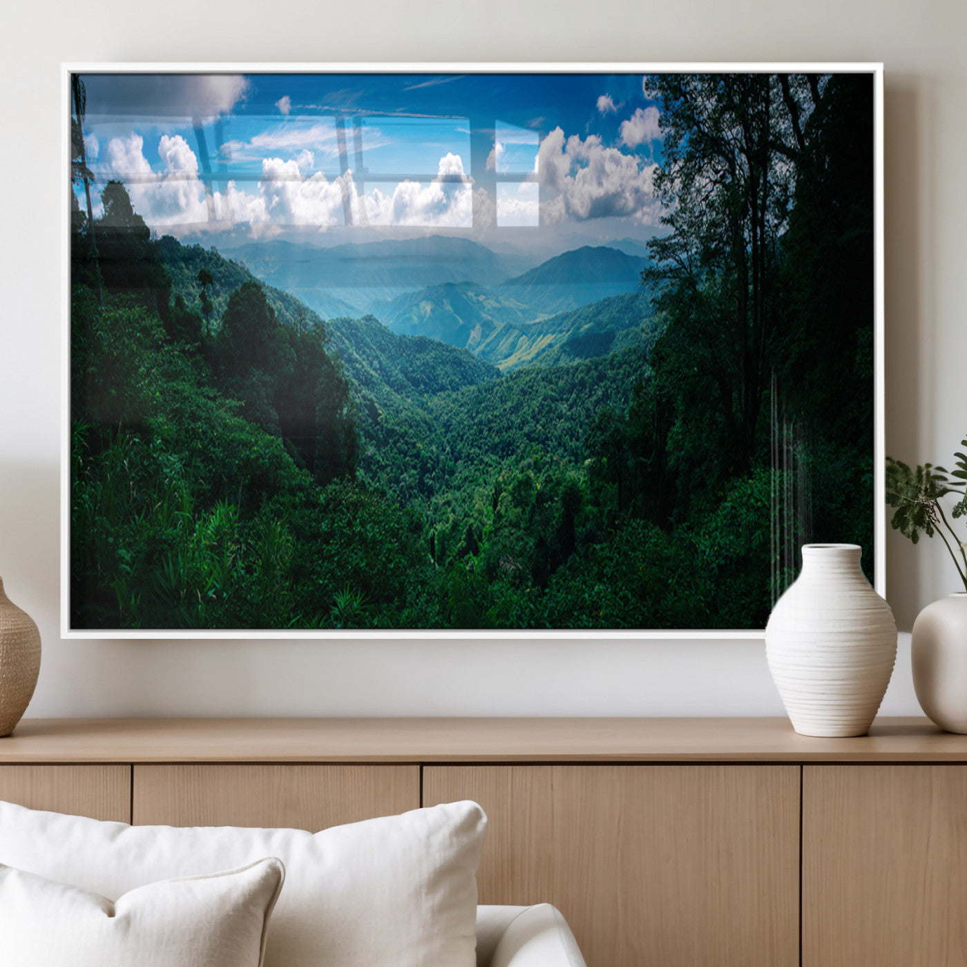 74439378-MGV-FP-36X24-3P_White-Tropical Jungle Wall Art Canvas Print, Framed Lush Valley Art Picture Print, Forest Mountains Perfect Tropical Wilderness Decor