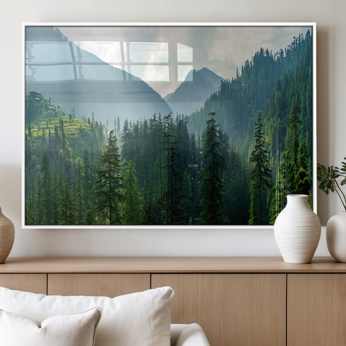 83417191-MGV-FP-36X24-3P_White-Misty Mountain Forest Wall Art – Pine Tree Landscape Canvas Print, Nature Photography Panorama, Tranquil Green Forest Décor for