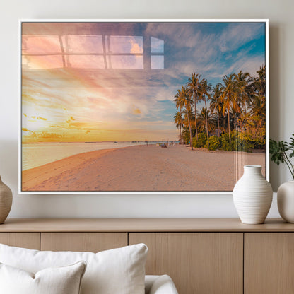 41542880-MGV-FP-36X24-3P_White-Tropical Beach Wall Art Canvas Print, Framed Palm Trees Art Picture Print, Sunset Shore Perfect Tropical Coastal Decor Artwork