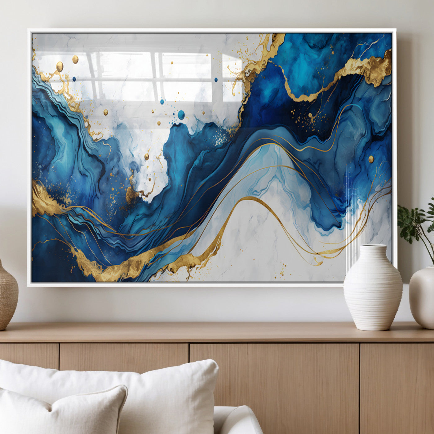 33506371-MGV-FP-36X24-3P_White-Blue Marble Wall Art Canvas Print, Framed Gold Splash Art Picture Print, Abstract Wave Perfect Modern Luxe Decor Artwork