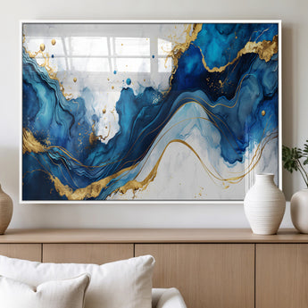 33506371-MGV-FP-36X24-3P_White-Blue Marble Wall Art Canvas Print, Framed Gold Splash Art Picture Print, Abstract Wave Perfect Modern Luxe Decor Artwork