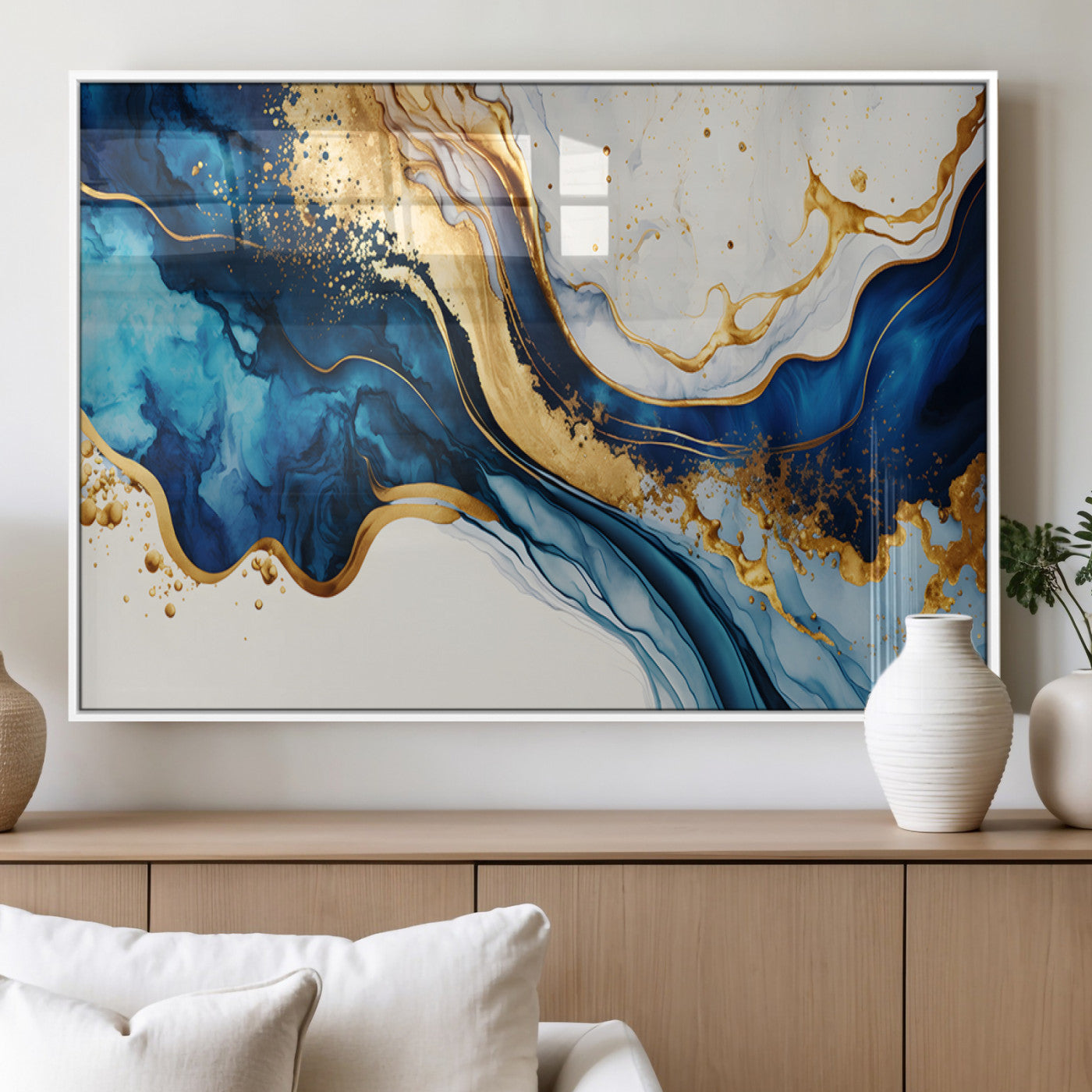 60283636-MGV-FP-36X24-3P_White-Blue Gold Flow Wall Art Canvas Print, Framed Marble Texture Art Picture Print, Elegant Splash Perfect Elegant Abstract Decor