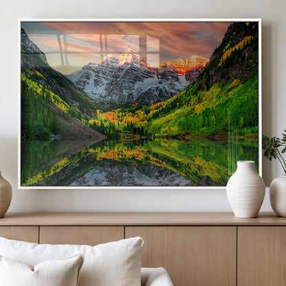 59533484-MGV-FP-36X24-3P_White-Maroon Bells Autumn Wall Art – Panoramic Mountain Landscape Canvas Print, Sunset Reflection Nature Artwork for Living Room, Office