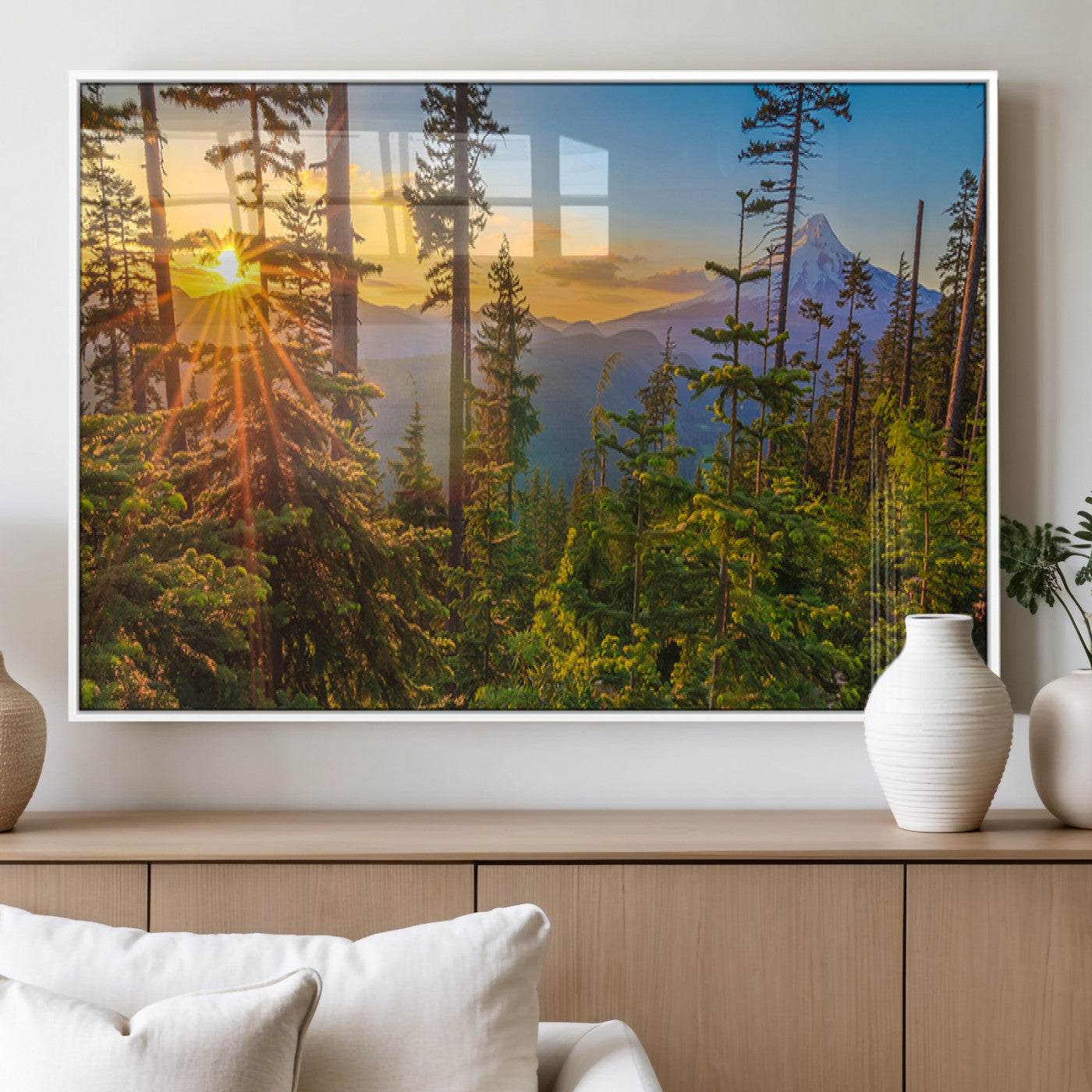 83544043-MGV-FP-36X24-3P_White-Forest Sunset Wall Art Canvas Print, Framed Sunset Trees Art Picture Print, Green Pines Perfect Rustic Nature Decor Artwork