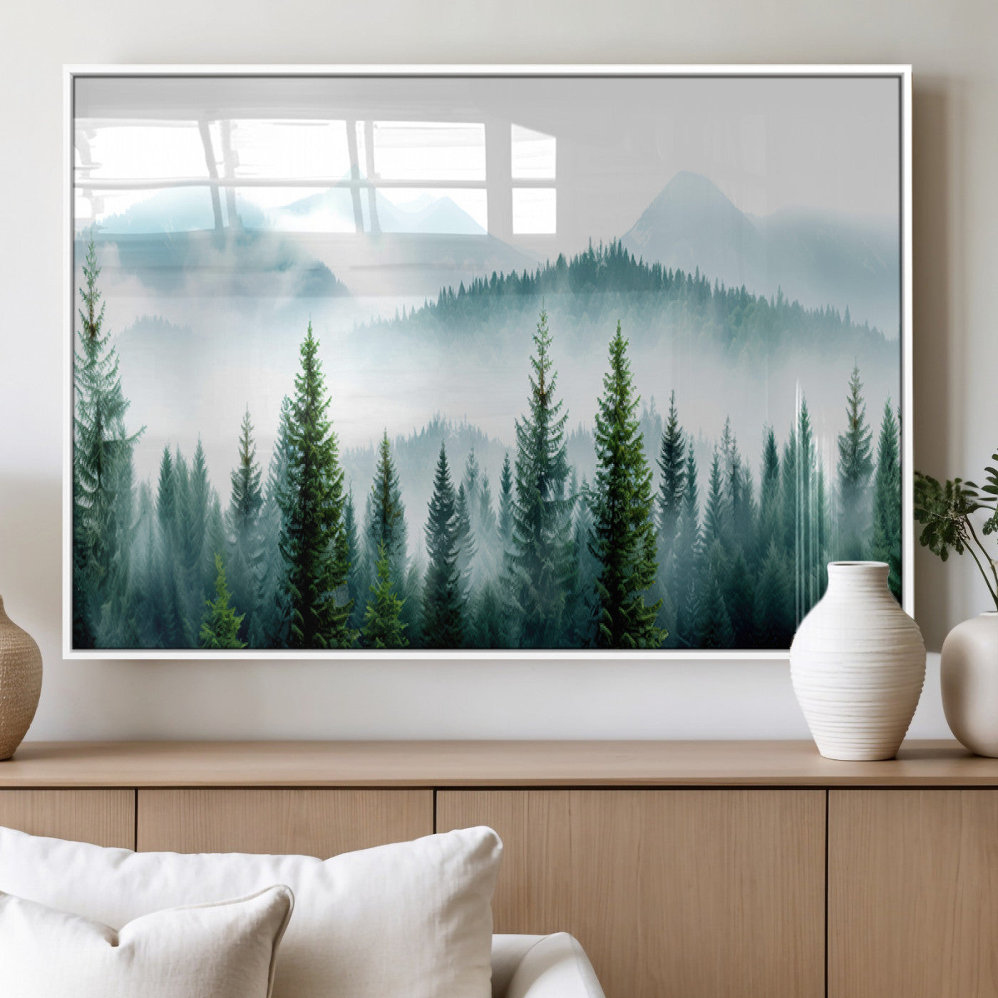 16716676-MGV-FP-36X24-3P_White-Pine Forest Wall Art Canvas Print, Framed Misty Mountains Art Picture Print, Foggy Trees Perfect Moody Forest Decor Artwork