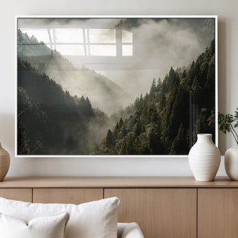 57570237-MGV-FP-36X24-3P_White-Misty Valley Wall Art Canvas Print, Framed Foggy Forest Art Picture Print, Pine Trees Perfect Moody Woodland Decor Artwork