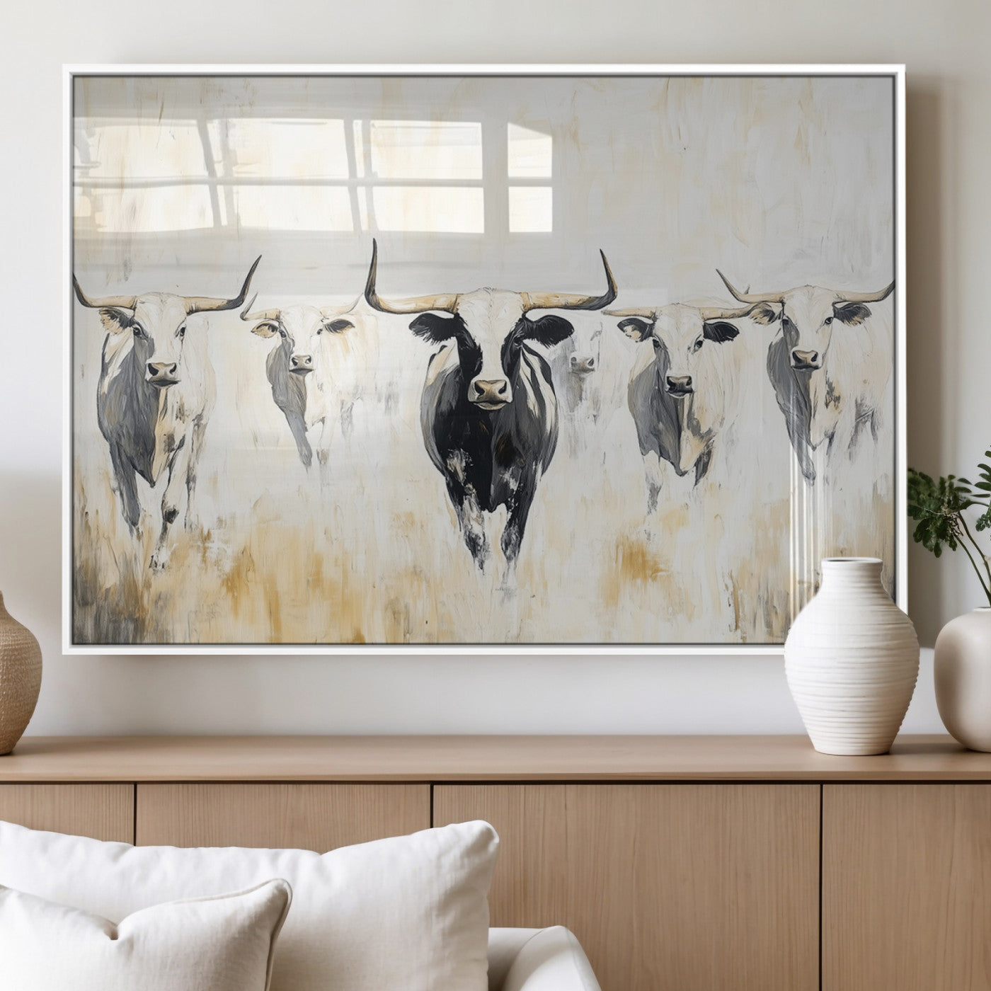 40397799-MGV-FP-36X24-3P_White-Texas Longhorn Wall Art Canvas Print, Framed Rustic Herd Art Picture Print, Western Bull Perfect Neutral Western Decor Artwork