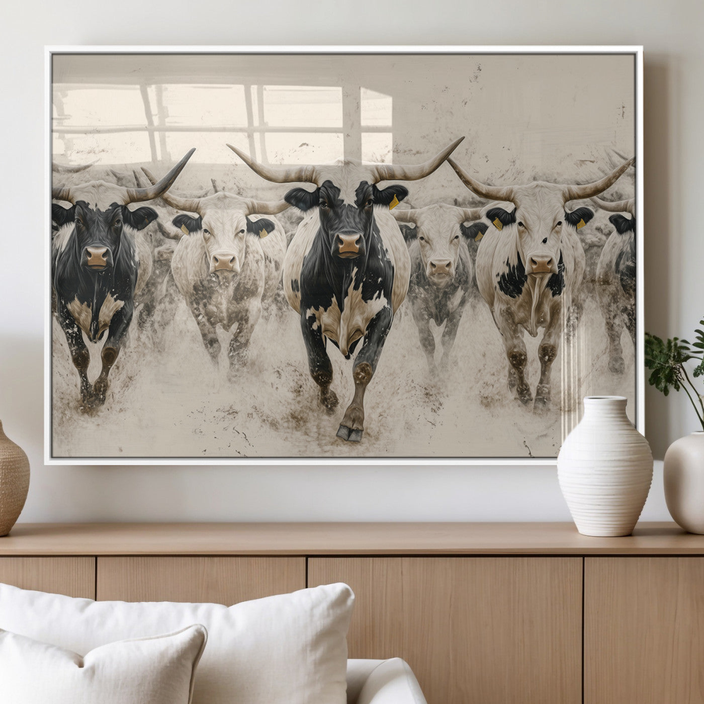 61538944-MGV-FP-36X24-3P_White-Texas Longhorn Wall Art Canvas Print, Framed Cattles Walking Art Picture Print, Black White Bulls Perfect Rustic Western Decor