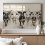 61538944-MGV-FP-36X24-3P_White-Texas Longhorn Wall Art Canvas Print, Framed Cattles Walking Art Picture Print, Black White Bulls Perfect Rustic Western Decor