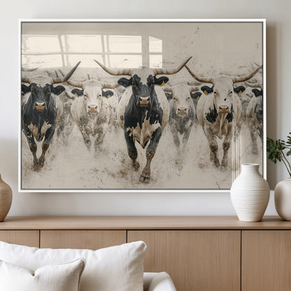 61538944-MGV-FP-36X24-3P_White-Texas Longhorn Wall Art Canvas Print, Framed Cattles Walking Art Picture Print, Black White Bulls Perfect Rustic Western Decor