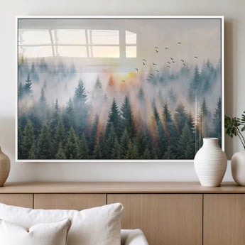 92718976-MGV-FP-36X24-3P_White-Misty Forest Wall Art Canvas Print, Framed Sunrise Pines Art Picture Print, Foggy Woodland Perfect Moody Woodland Decor Artwork