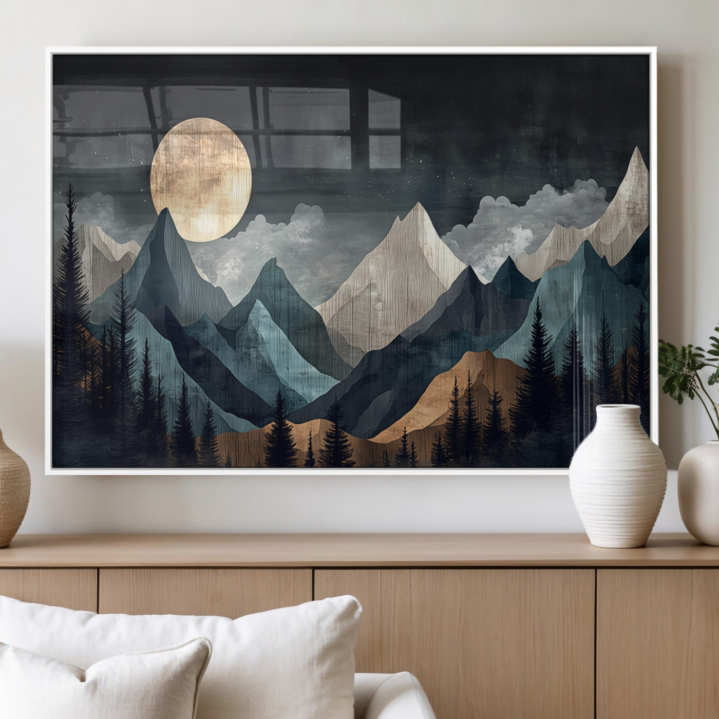 11060882-MGV-FP-36X24-3P_White-Moonlit Mountains Wall Art Canvas Print, Framed Forest Silhouette Art Picture Print, Night Landscape Perfect Modern Forest Decor