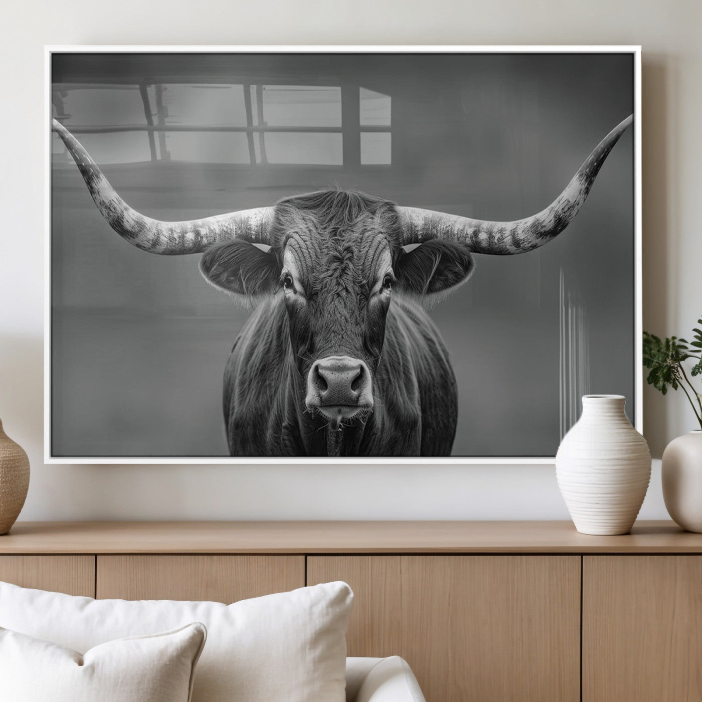 81228550-MGV-FP-36X24-3P_White-Framed Texas Longhorn Bull Art Canvas Print, Western Bull Wall Art Print, Long Horn Bull Photo Print for Log Cabin, Large Bull