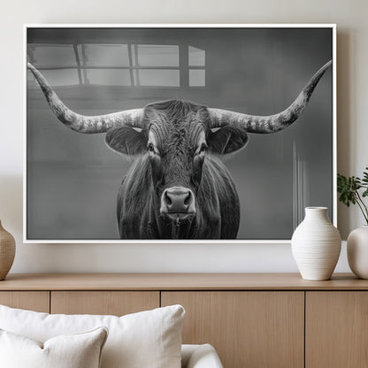 81228550-MGV-FP-36X24-3P_White-Framed Texas Longhorn Bull Art Canvas Print, Western Bull Wall Art Print, Long Horn Bull Photo Print for Log Cabin, Large Bull