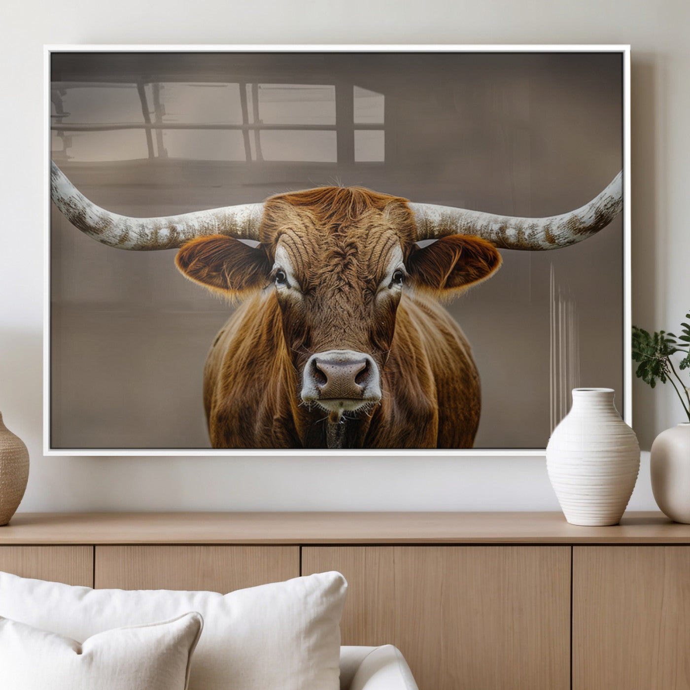 12179171-MGV-FP-60X30-3P_White-Texas Longhorn Wall Art Canvas Print, Framed Brown Bull Art Picture Print, Lone Cattle Perfect Rustic Western Decor Artwork