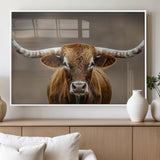 12179171-MGV-FP-60X30-3P_White-Texas Longhorn Wall Art Canvas Print, Framed Brown Bull Art Picture Print, Lone Cattle Perfect Rustic Western Decor Artwork