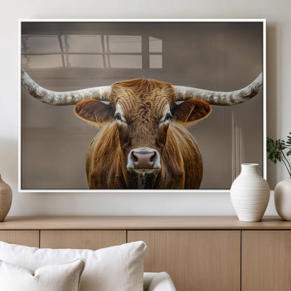 12179171-MGV-FP-60X30-3P_White-Texas Longhorn Wall Art Canvas Print, Framed Brown Bull Art Picture Print, Lone Cattle Perfect Rustic Western Decor Artwork