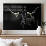 37531960-MGV-FP-36X24-3P_White-Black Longhorn Bull Wall Art – Dramatic Western Cattle Canvas Print, Rustic Farmhouse Animal Artwork for Living Room, Bedroom,